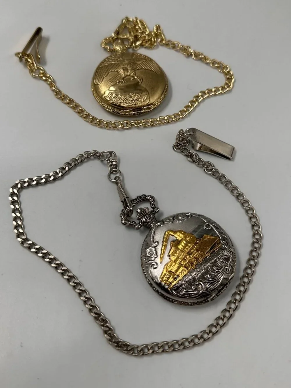 Men Pocket Watch Lot of 2 Bald Eagle Train Theme Silver Gold With Chains